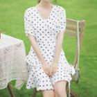 Short-sleeve Asymmetric Polka Dot Chiffon A-line Mini Wrap Dress