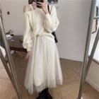 Lace Panel Plain Sweater / Mesh Midi Skirt