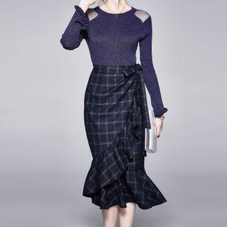 Set: Mesh Panel Long-sleeve Knit Top + Ruffle Hem Plaid Pencil Skirt