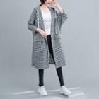 Buttoned Checked Hooded Long Jacket Plaid - Black & White - One Size
