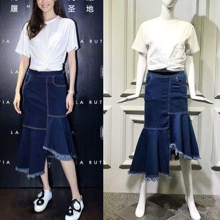 Twist-front Top / Mermaid Denim Skirt