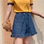 Ruffle Trim Denim Wide-leg Shorts