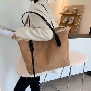 Fleece Trim Faux Leather Tote Bag