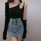 One-shoulder Camisole Top / Long-sleeve Shrug / Fitted Denim Mini Skirt