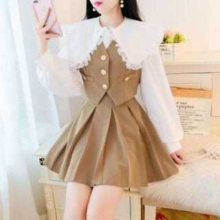 Set: Long Sleeve Plain Blouse + Cropped Vest + Pleated Mini Skirt