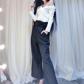 Set: V-neck Off-shoulder Top + Wide Leg Pants