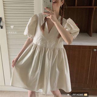 Puff-sleeve V-neck Dress Almond - One Size
