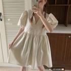 Puff-sleeve V-neck Dress Almond - One Size