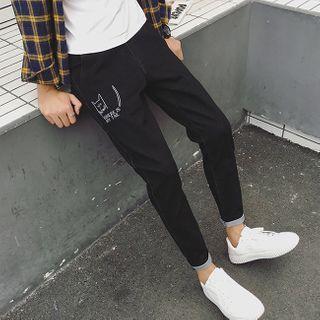 Cat Print Slim-cut Jeans