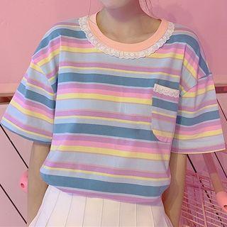 Pocket-front Striped Short-sleeve T-shirt As Shown In Figure - One Size