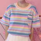 Pocket-front Striped Short-sleeve T-shirt As Shown In Figure - One Size