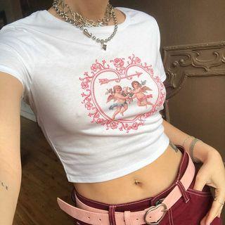 Short-sleeve Angels Print Cropped T-shirt