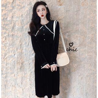 Long-sleeve Velvet Midi Dress Black - One Size