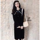 Long-sleeve Velvet Midi Dress Black - One Size