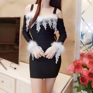 Furry Trim Cold-shoulder Mini Bodycon Dress