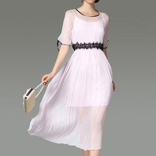 Set: Short-sleeve Chiffon Dress + Slipdress