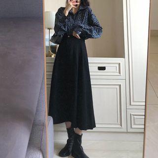Leopard Print Shirt / Midi A-line Skirt / Set