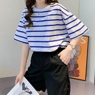 Short Sleeve Round Neck Striped T-shirt Blue - One Size