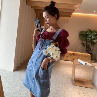 Set: Puff-sleeve Square-neck Top + Denim A-line Mini Pinafore Dress