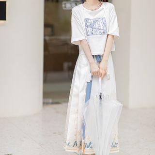 Short-sleeve Cartoon Print T-shirt / Printed Midi A-line Skirt / Set