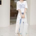 Short-sleeve Cartoon Print T-shirt / Printed Midi A-line Skirt / Set