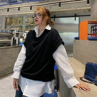 Set: Plain Knit Vest + Plain Loose-fit Blouse