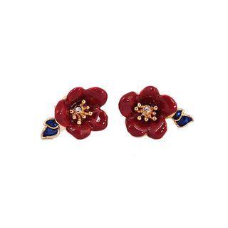 Fashion Fresh Plated Gold Enamel Red Flower Stud Earrings With Cubic Zirconia Golden - One Size