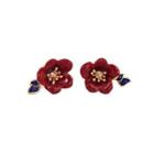 Fashion Fresh Plated Gold Enamel Red Flower Stud Earrings With Cubic Zirconia Golden - One Size