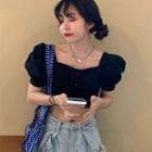 Puff-sleeve Square-neck Crop Top Black - One Size