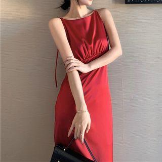 Spaghetti Strap Slit Satin Midi Sheath Dress