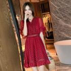 Crochet Lace Dotted Short-sleeve A-line Chiffon Dress