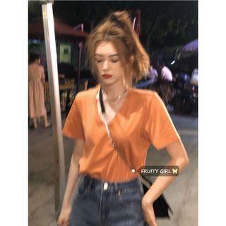 Short-sleeve V-neck T-shirt Tangerine - One Size