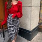 Camisole Top / Cropped Cardigan / Plaid A-line Skirt
