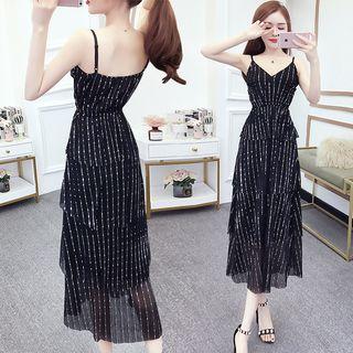 Spaghetti Strap Striped Tiered Dress