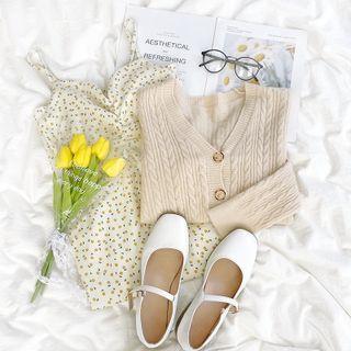 Long-sleeve V-neck Cable Knit Cardigan / Floral Printed Spaghetti-strap Dress