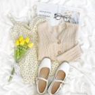 Long-sleeve V-neck Cable Knit Cardigan / Floral Printed Spaghetti-strap Dress