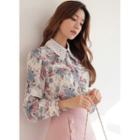 Lace-collar Frilled Floral Blouse Blue - One Size