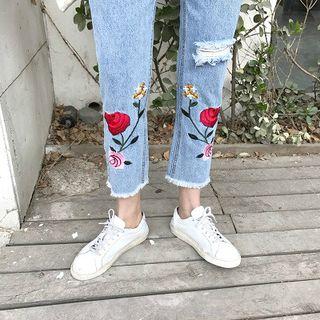 Rose Embroidered Distressed Jeans