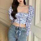 Bell-sleeve Floral Print Cropped Blouse