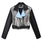 Faux Leather Zip Jacket Black & Silver - One Size