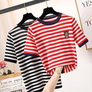 Cartoon Embroidered Short-sleeve Striped Knit Top