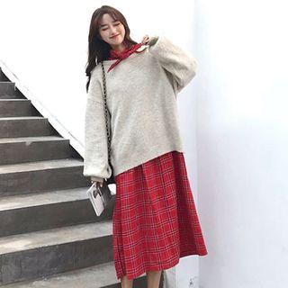 Plaid Tie-neck Midi Shirtdress Red - One Size