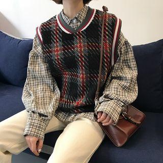 Check Knit Vest / Check Loose-fit Shirt