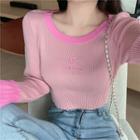 Long-sleeve Color Block Knit Crop Top