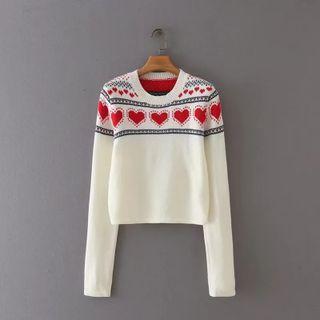 Cropped Heart Print Sweater White - One Size