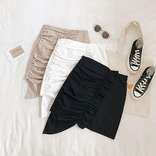 Asymmetric Frilled Trim Shirred Mini Skirt