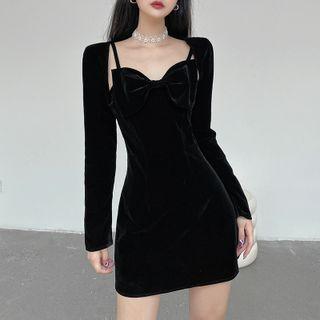Set: Long-sleeve Shrug + Spaghetti Strap Bow Mini Bodycon Dress