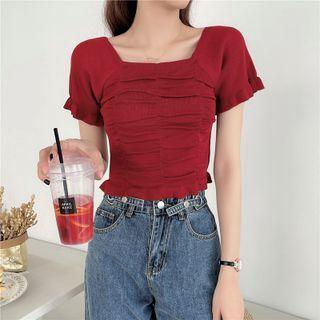 Short-sleeve Ruffle Slim-fit Knit Top