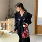 Puff-sleeve Floral A-line Dress Black - One Size