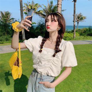 Short-sleeve Square Neck Shirred Blouse